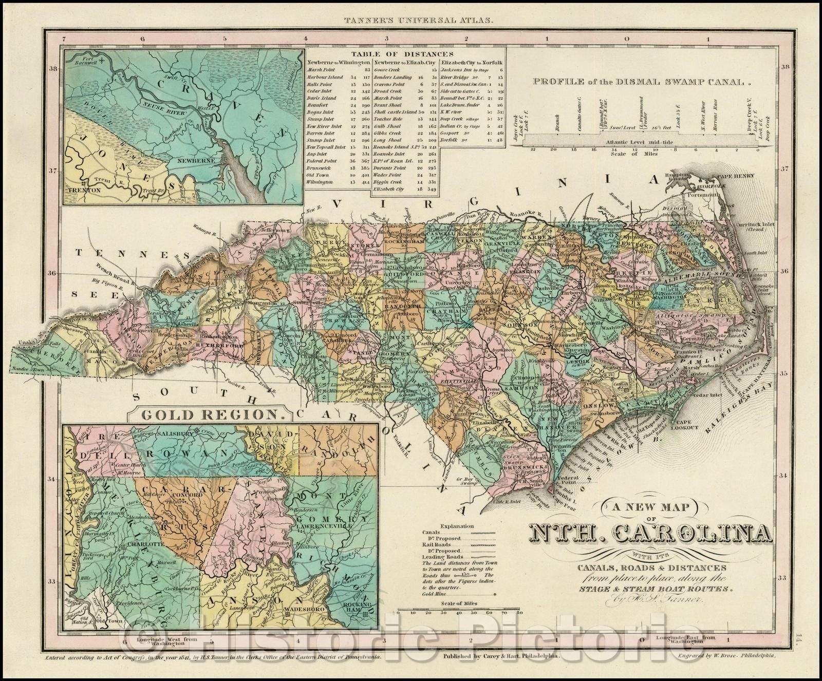 Historic Map - Nth. Carolina with its Canals, Roads, Distances from Place to Place, along the Stage & Steam Boat Routes, 1841, Henry Schenk Tanner - Vintage Wall Art