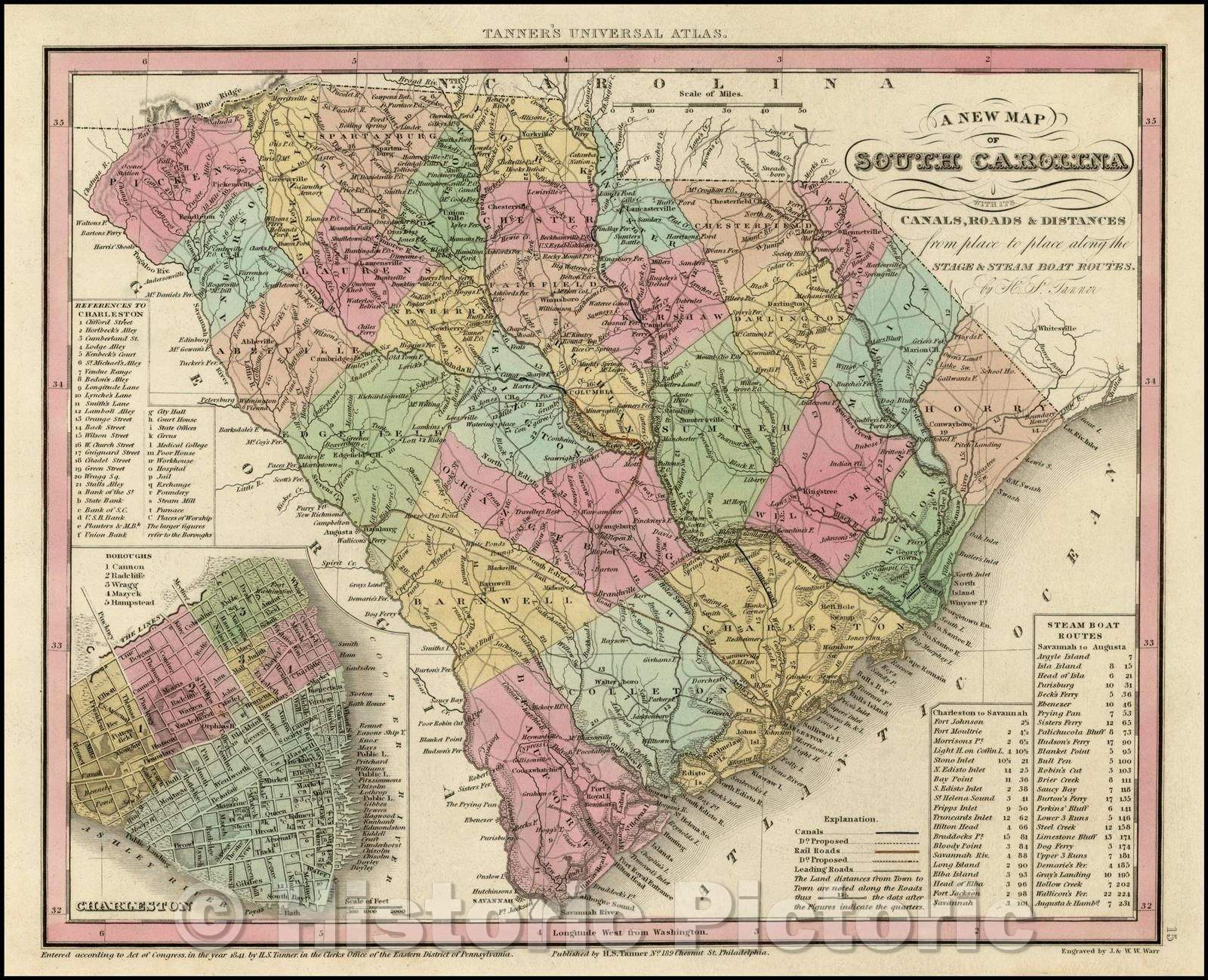 Historic Map - South Carolina with its Canals, Roads & Distances from place to place along the Stage & Steam Boat Routes, 1845, Henry Schenk Tanner v1