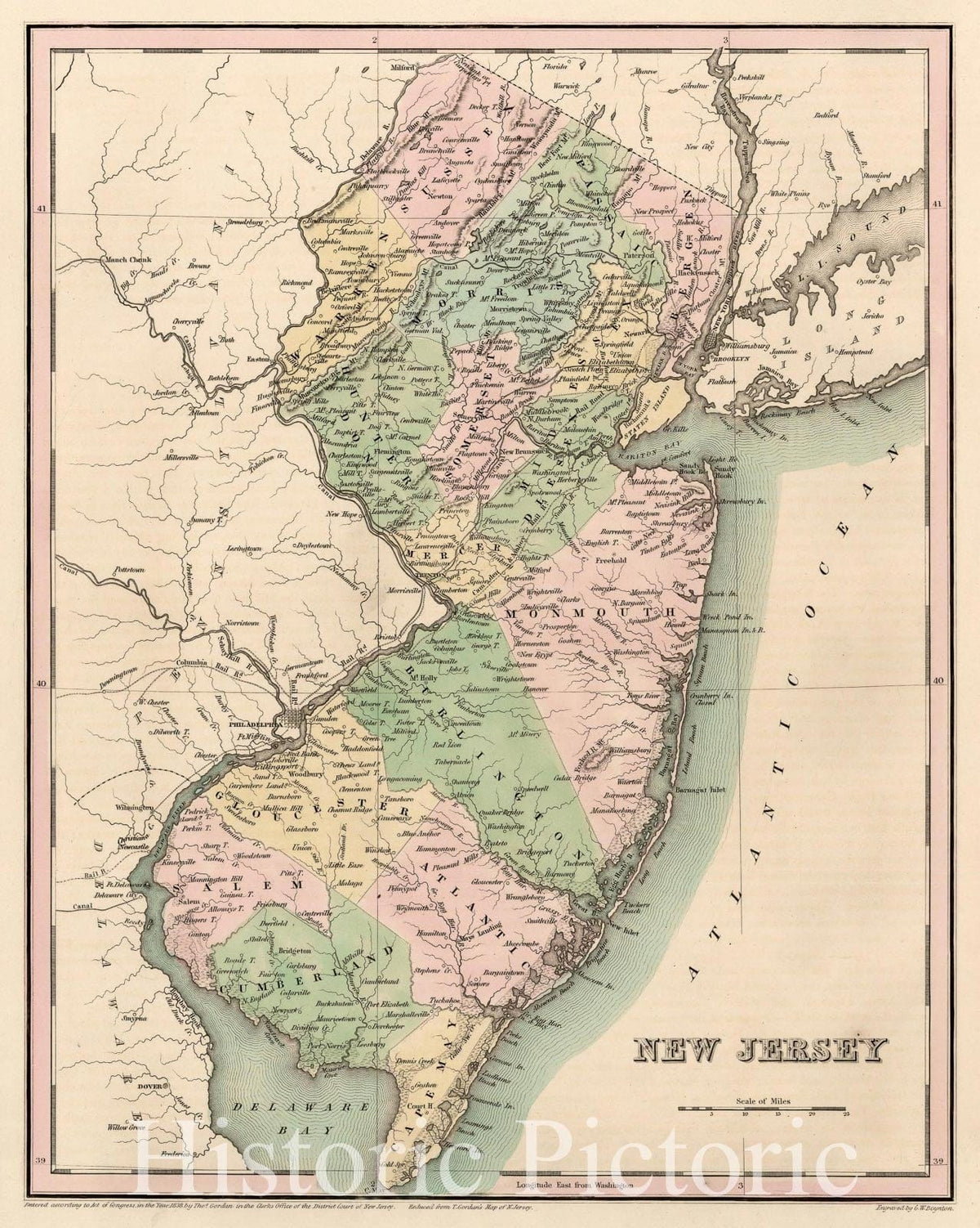 Historic Map - New Jersey, 1838, Thomas Gamaliel Bradford - Vintage Wall Art
