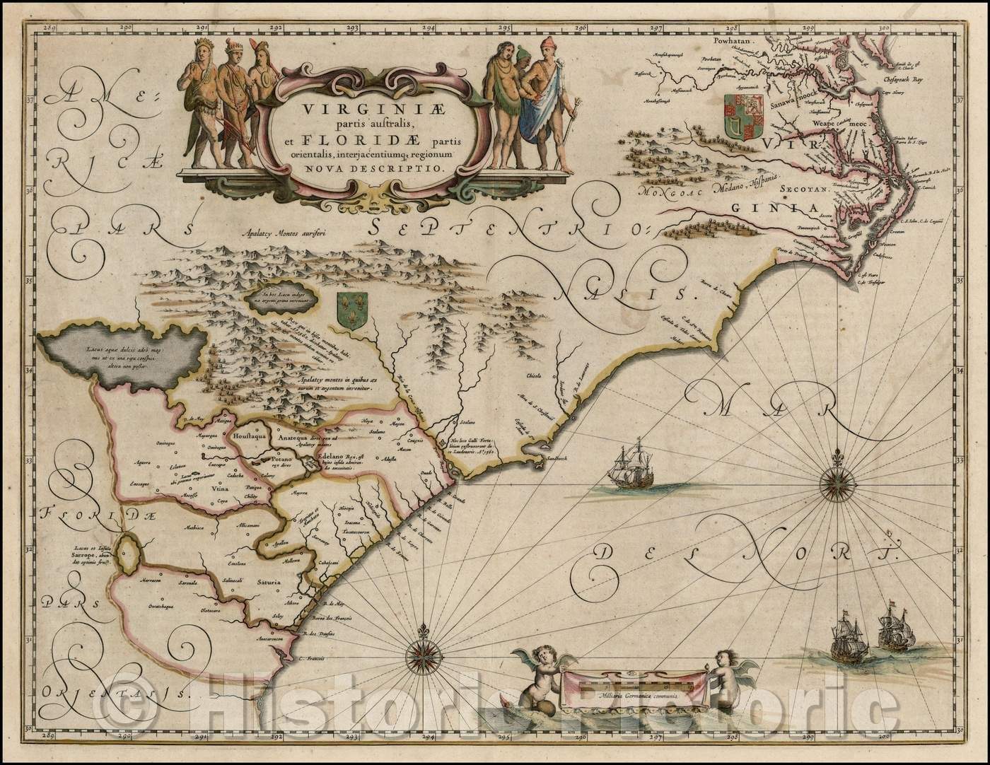 Historic Map - Virginiae Partis australis, et Floridae partis orientalis, interjacentiumqus regionum Nova, 1636, Willem Janszoon Blaeu - Vintage Wall Art