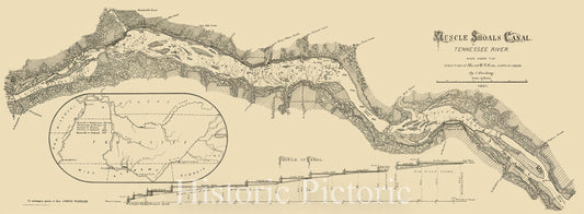 Historic Map - Muscle Shoals Canal. Tennessee River. Made, 1885, Septimus Norris - Vintage Wall Art