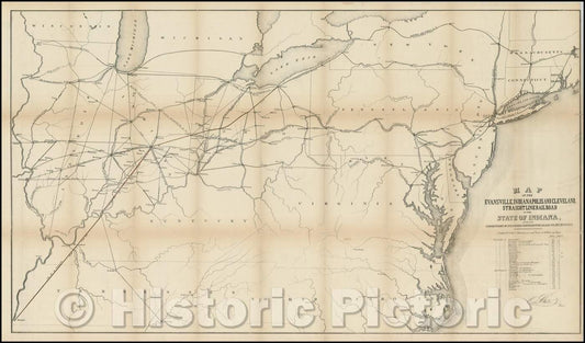 Historic Map - Map of the Evansville, Indianapolis and Cleveland Straight Line Railroad, 1854, - Vintage Wall Art
