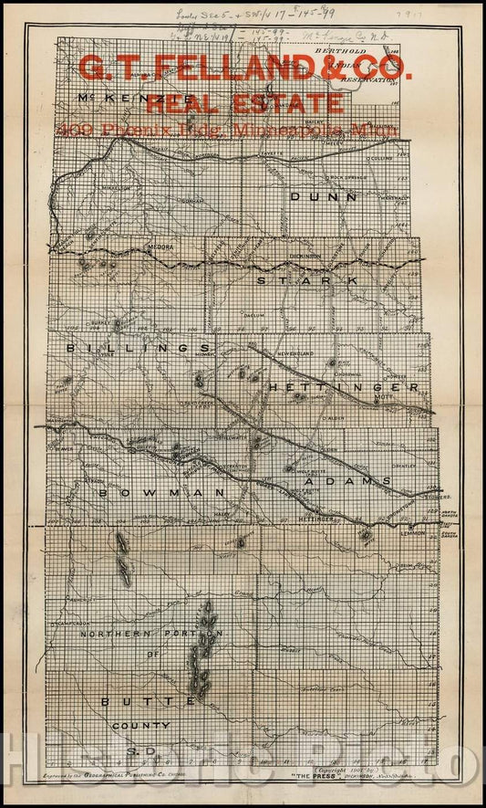 Historic Map - Billings, Stark, Bowman, Hettinger, Dunn, MacKenzie and Butte Counties (GT Felland & Co. Real Estate Map of Part of North Dakota), 1907 - Vintage Wall Art