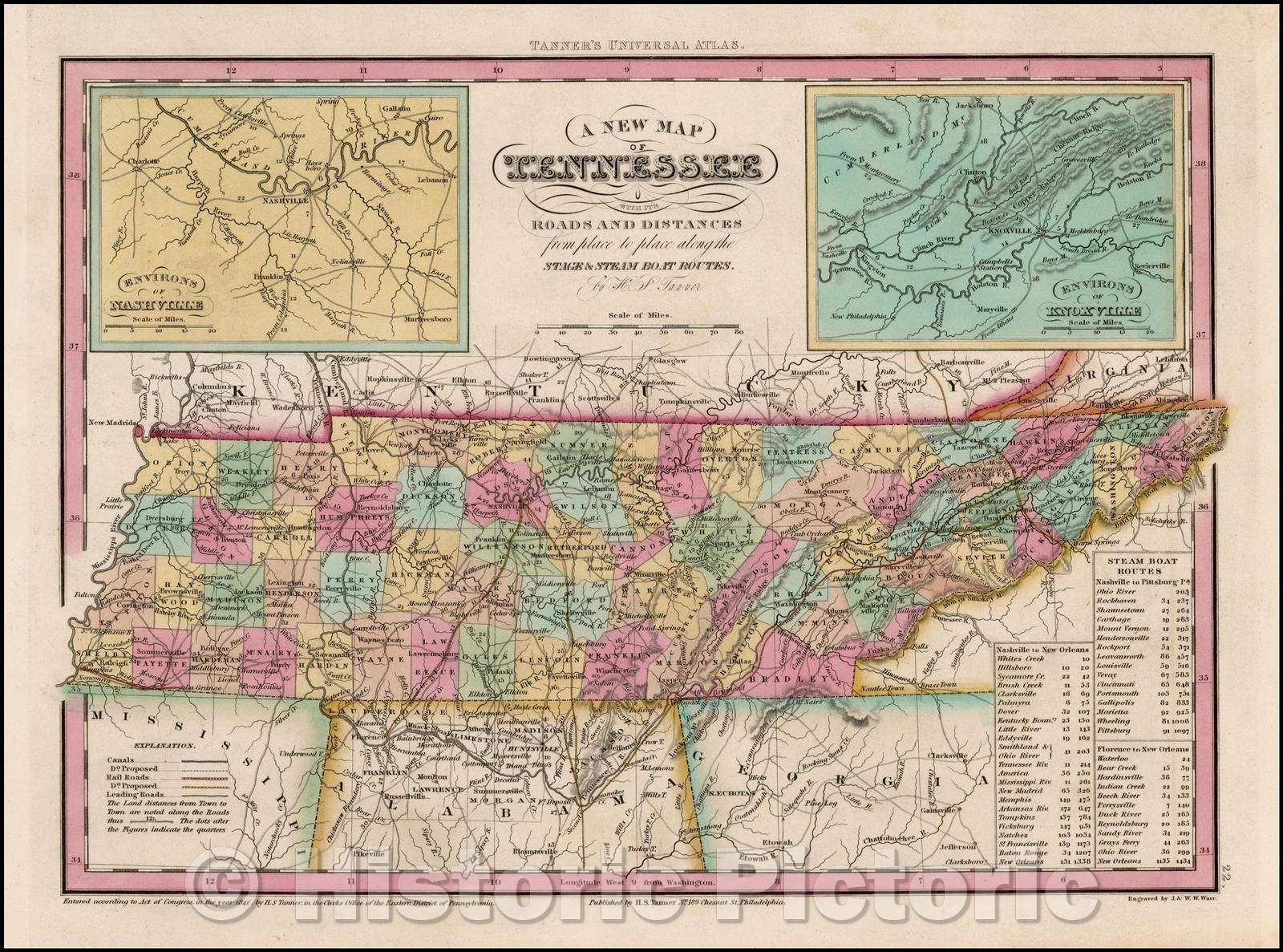 Historic Map - Tennessee with its Roads & Distances from palce to place along the Stage & Steamboat Routes, 1836, Henry Schenk Tanner - Vintage Wall Art