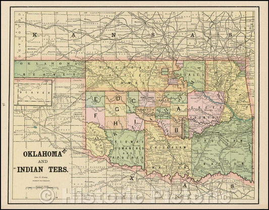 Historic Map - Oklahoma And Indian Ters, 1887, George F. Cram - Vintage Wall Art