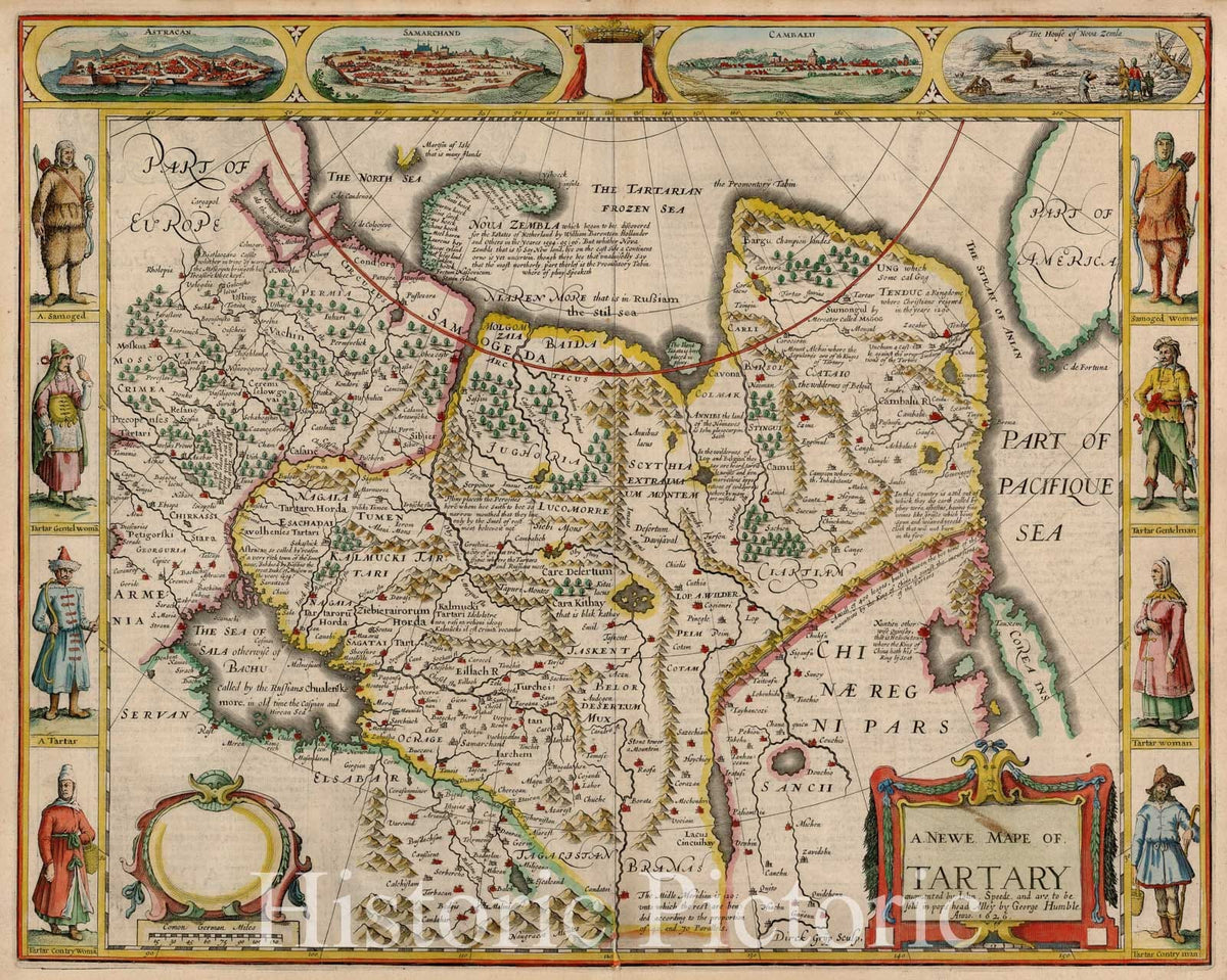 Tartary - Decorative Map with City Vignettes, 1651 | Historical Map Print