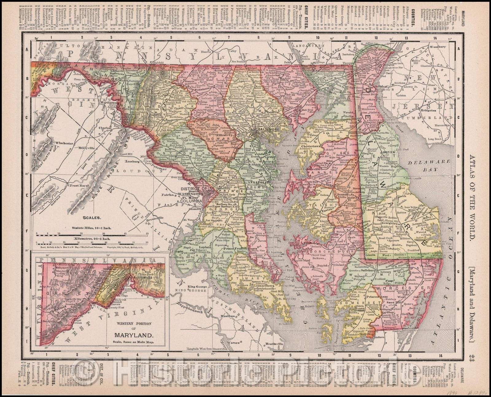 Historic Map - Maryland, D.C. and Delaware, 1895, Rand McNally & Company v2
