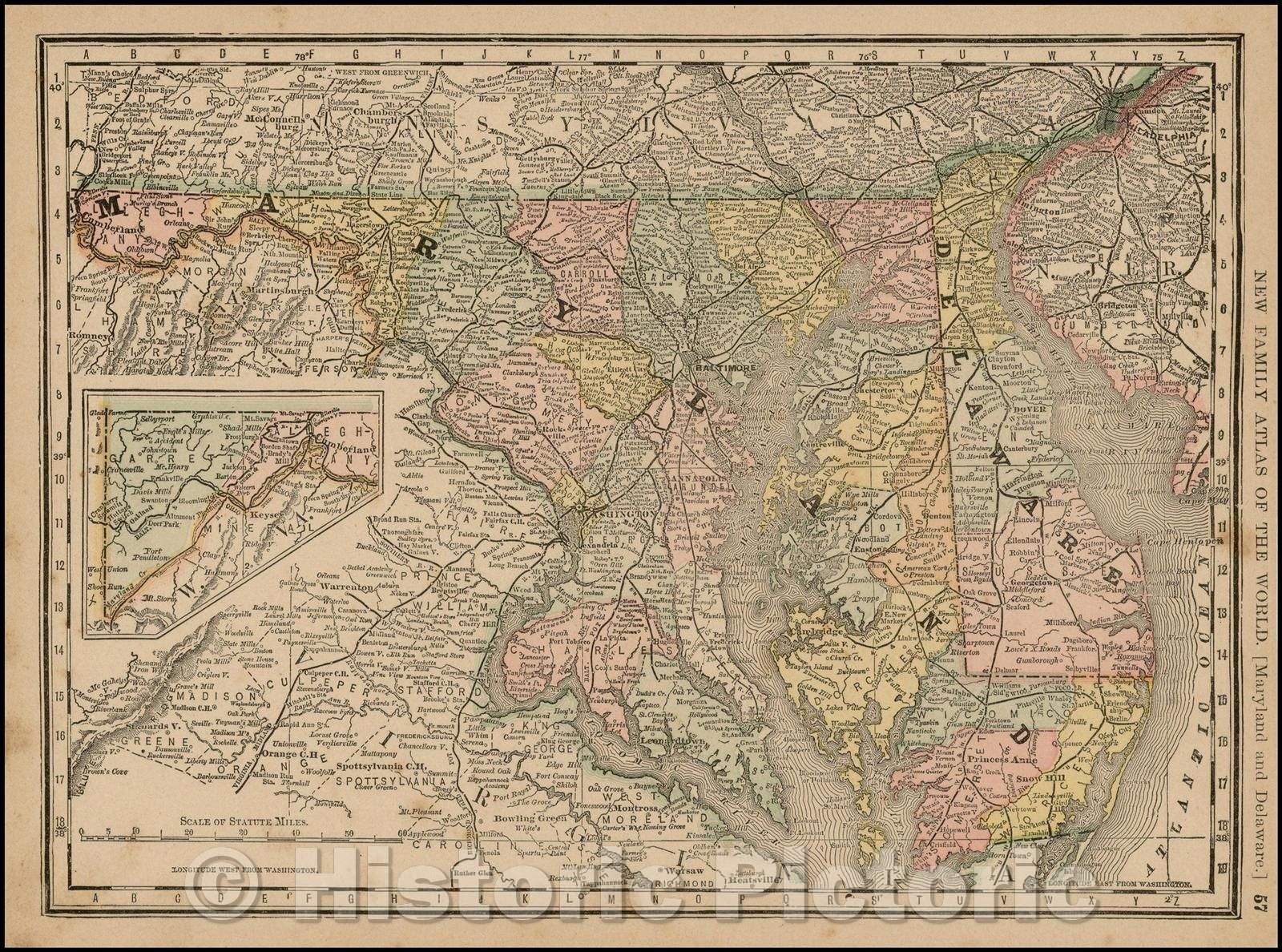 Historic Map - Maryland, D.C. and Delaware, 1894, Rand McNally & Company - Vintage Wall Art
