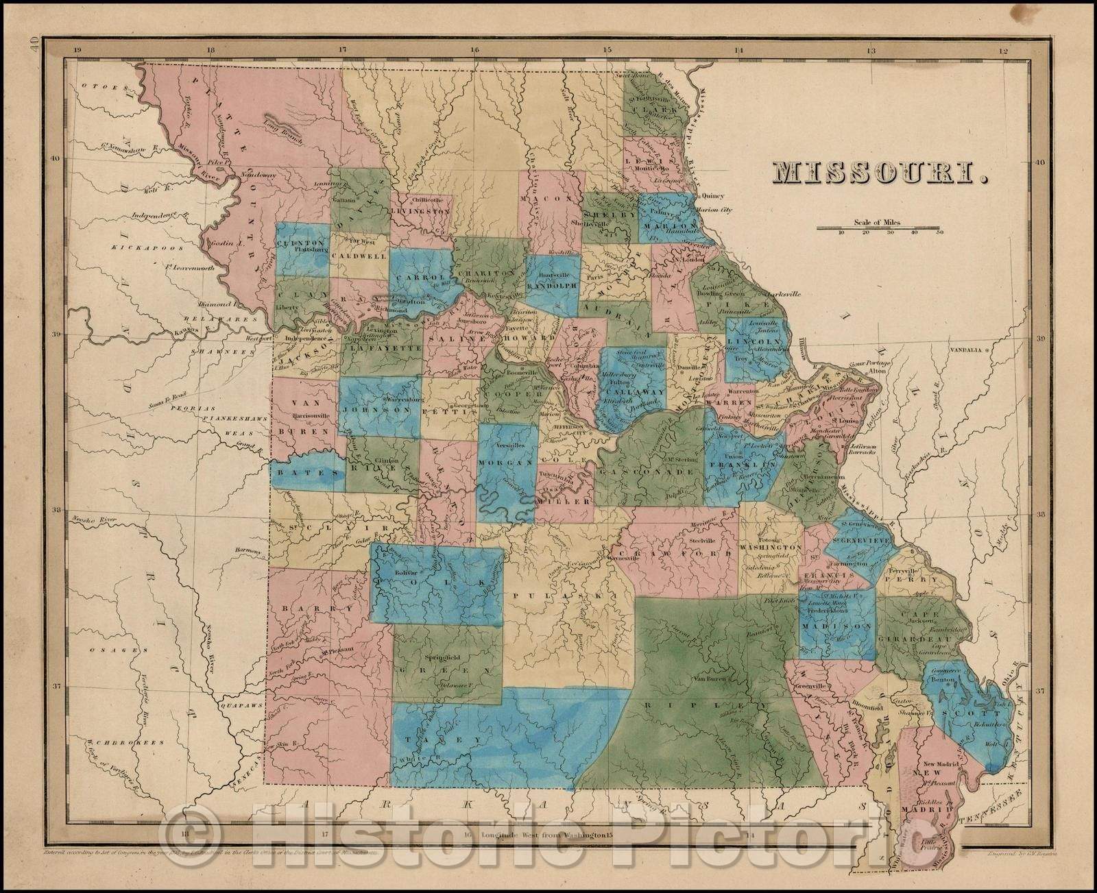 Historic Map - Missouri, 1841, Thomas Gamaliel Bradford - Vintage Wall Art