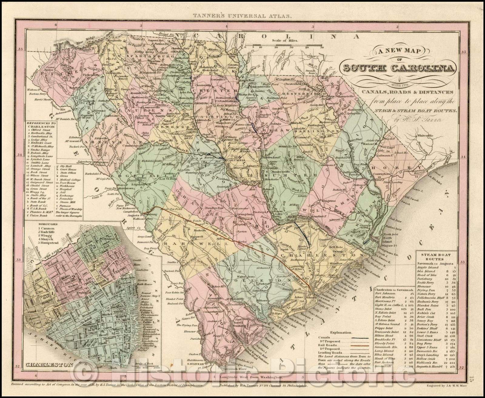Historic Map - South Carolina with its Canals, Roads & Distances from place to place along the Stage & Steam Boat Routes, 1844, Henry Schenk Tanner - Vintage Wall Art