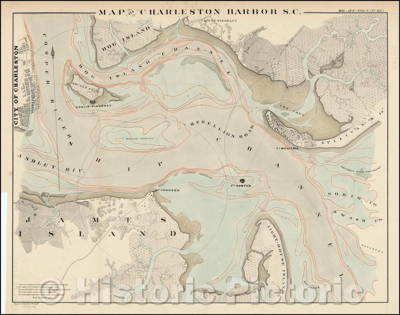 Historic Map - Map of Charleston Harbor S.C, 1860, Bowen & Co. - Vintage Wall Art