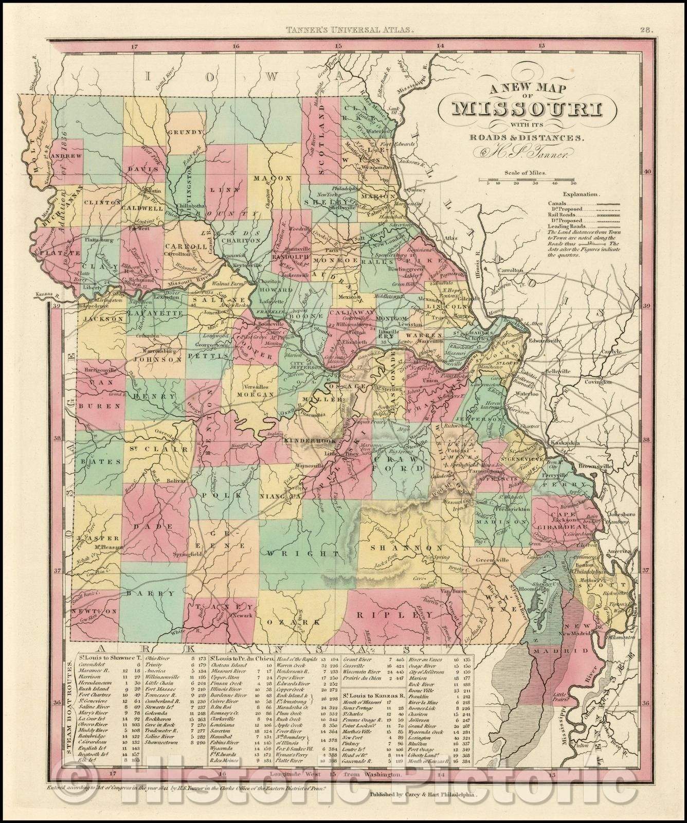 Historic Map - Missouri with its Roads & Distances, 1845, Henry Schenk Tanner - Vintage Wall Art