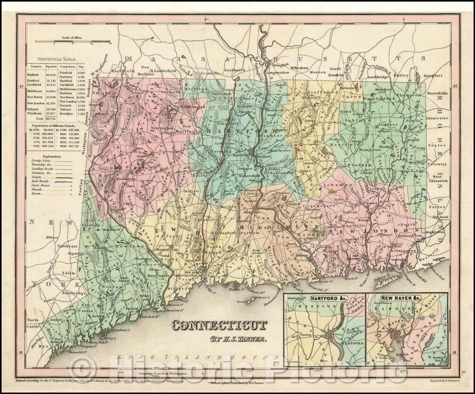Historic Map - Connecticut, 1841, Henry Schenk Tanner - Vintage Wall Art