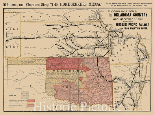 Oklahoma Country and Cherokee Outlet, 1889 - Historical Railroad Map Print