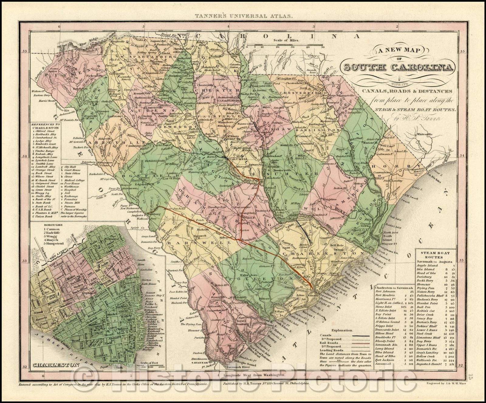 Historic Map - South Carolina with its Canals, Roads & Distances from place to place along the Stage & Steam Boat Routes, 1845, Henry Schenk Tanner v2