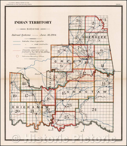 Historic Map - Indian Territory Showing Railroad Systems - June 30, 1904, 1904, United States Department of the Interior - Vintage Wall Art