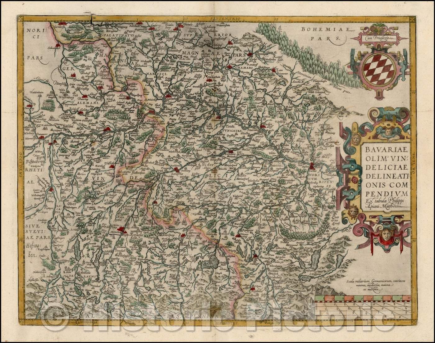 Historic Map - Bavariae, Olim Vindeliciae Delineationis Compendium Ex tabula Philippi Api :: Bavaria, and centered on the Danube and Donau Rivers, 1587 - Vintage Wall Art