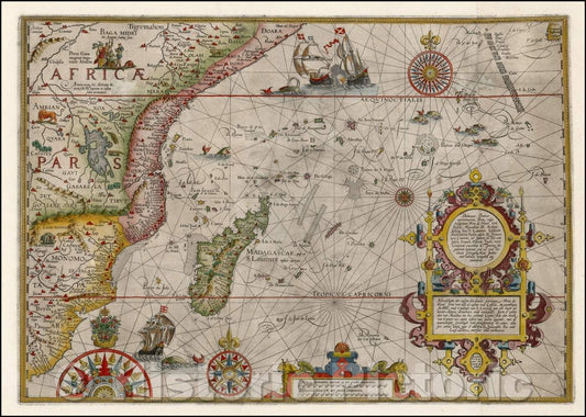Historic Map - Delineatio Orarum Maritimarum, Terrae vulgo Indigetatae Terra do/Linschoten's Map of Eastern Africa, Van Langren brothers, 1596 - Vintage Wall Art