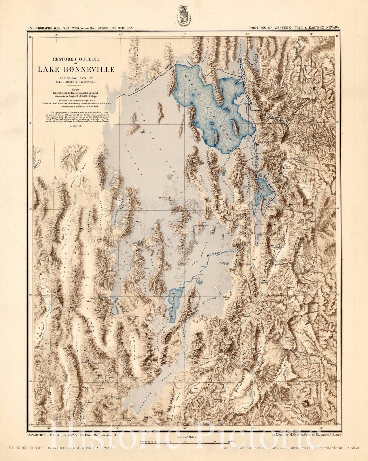 Historic Map - Restored Outline of Lake Bonneville, 1877, George M. Wheeler - Vintage Wall Art