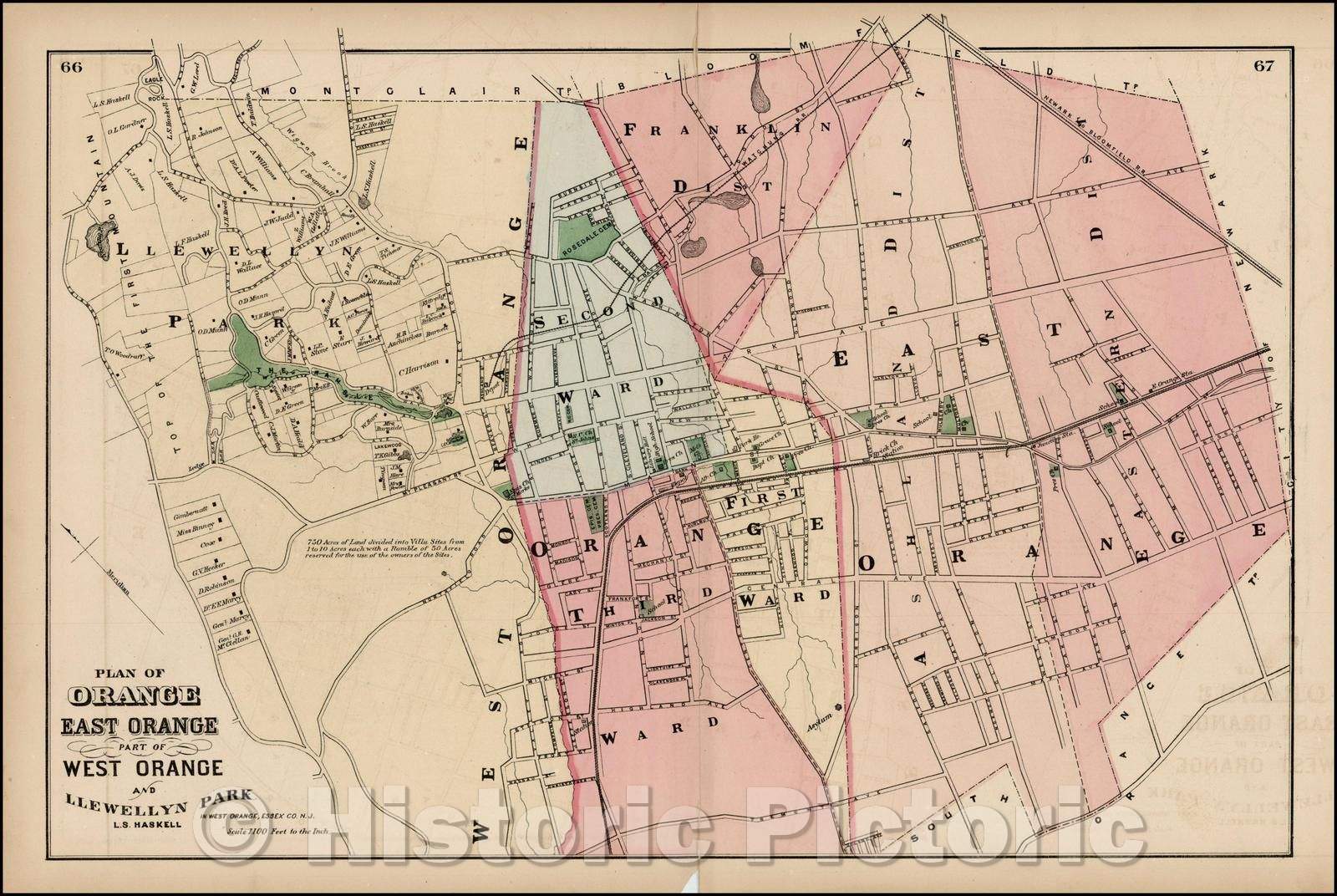 Historic Map - Plan of Orange, East Orange, Part of West Orange And Llewellyn Prk. LS. Haskell, 1872, Comstock & Cline Beers - Vintage Wall Art