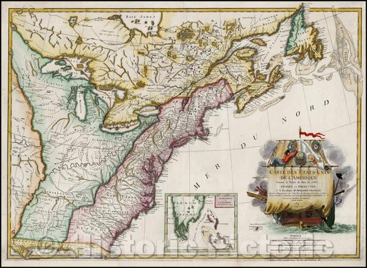 Historic Map - Carte Des Etats-Unis De L'Amerique Suivant le Traite de Paix. Dediee et Presentee, 1784, Jean Lattre - Vintage Wall Art