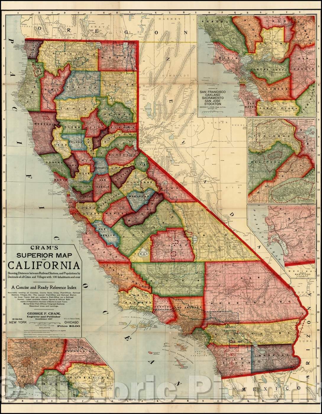 Historic Map - Cram's Superior Map of California Showing Distances between Railroad Stations and Populations, 1907, George F. Cram - Vintage Wall Art
