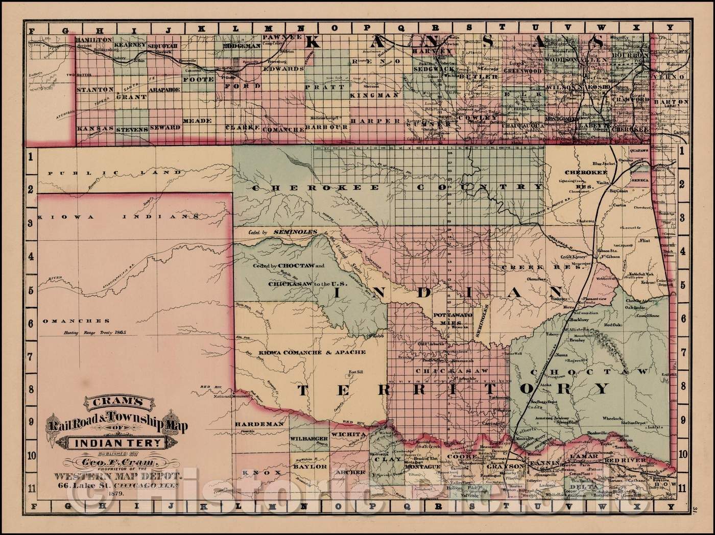 Historic Map - Cram's Rail Road & Township Map of Indian Ty, 1879, George F. Cram - Vintage Wall Art