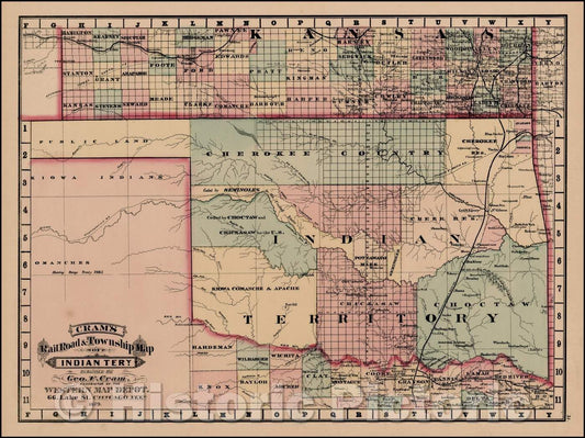 Historic Map - Cram's Rail Road & Township Map of Indian Ty, 1879, George F. Cram - Vintage Wall Art