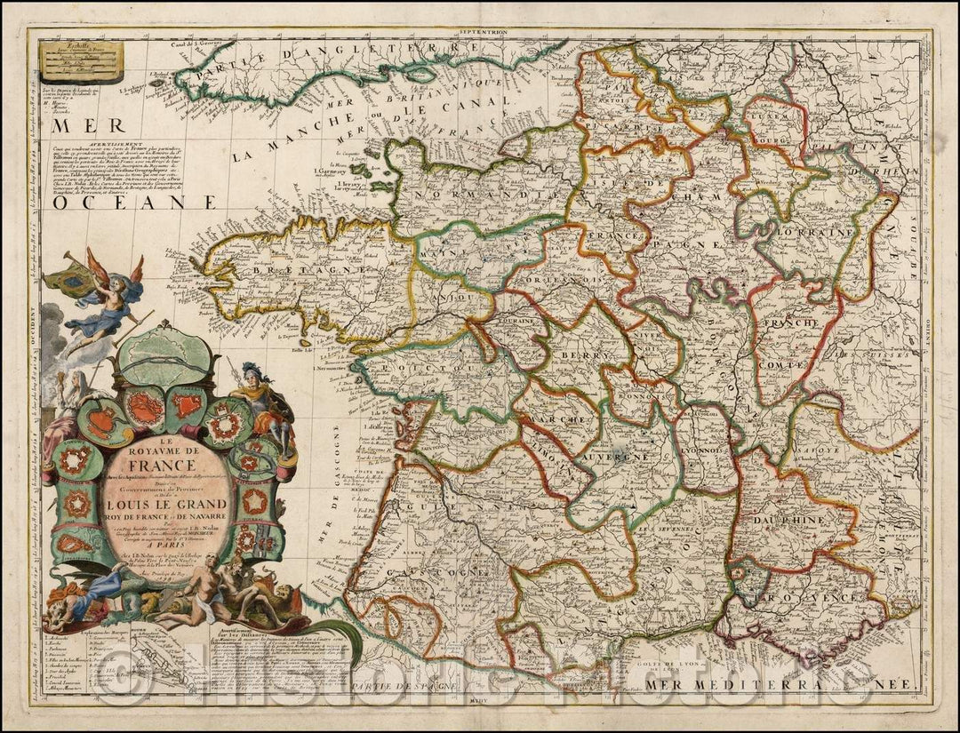 Historic Map - Le Royaume de France avec ses Acquisitions suivant le Traite/Nolin's Map of France, published after the Treaty of Ryswick in 1697, 1698 - Vintage Wall Art