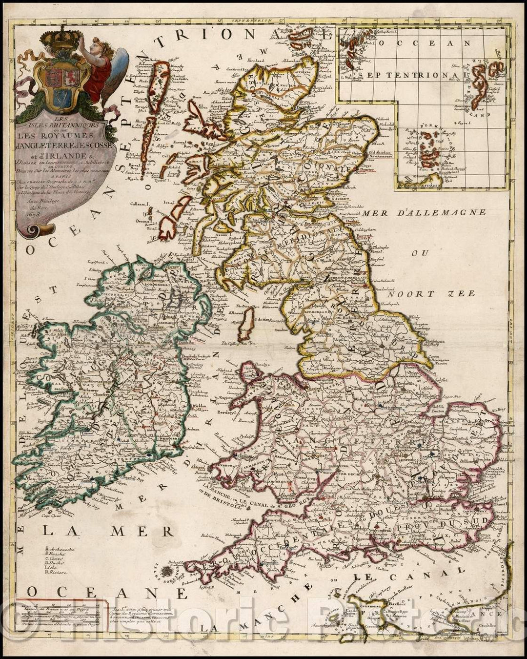 Historic Map - Les Isles Britanniques ou sont les Royaumes d'Angleterre d'Escosse et d'Irlande &c/Nolin's Map of the British Isles, 1698, Jean-Baptiste Nolin - Vintage Wall Art