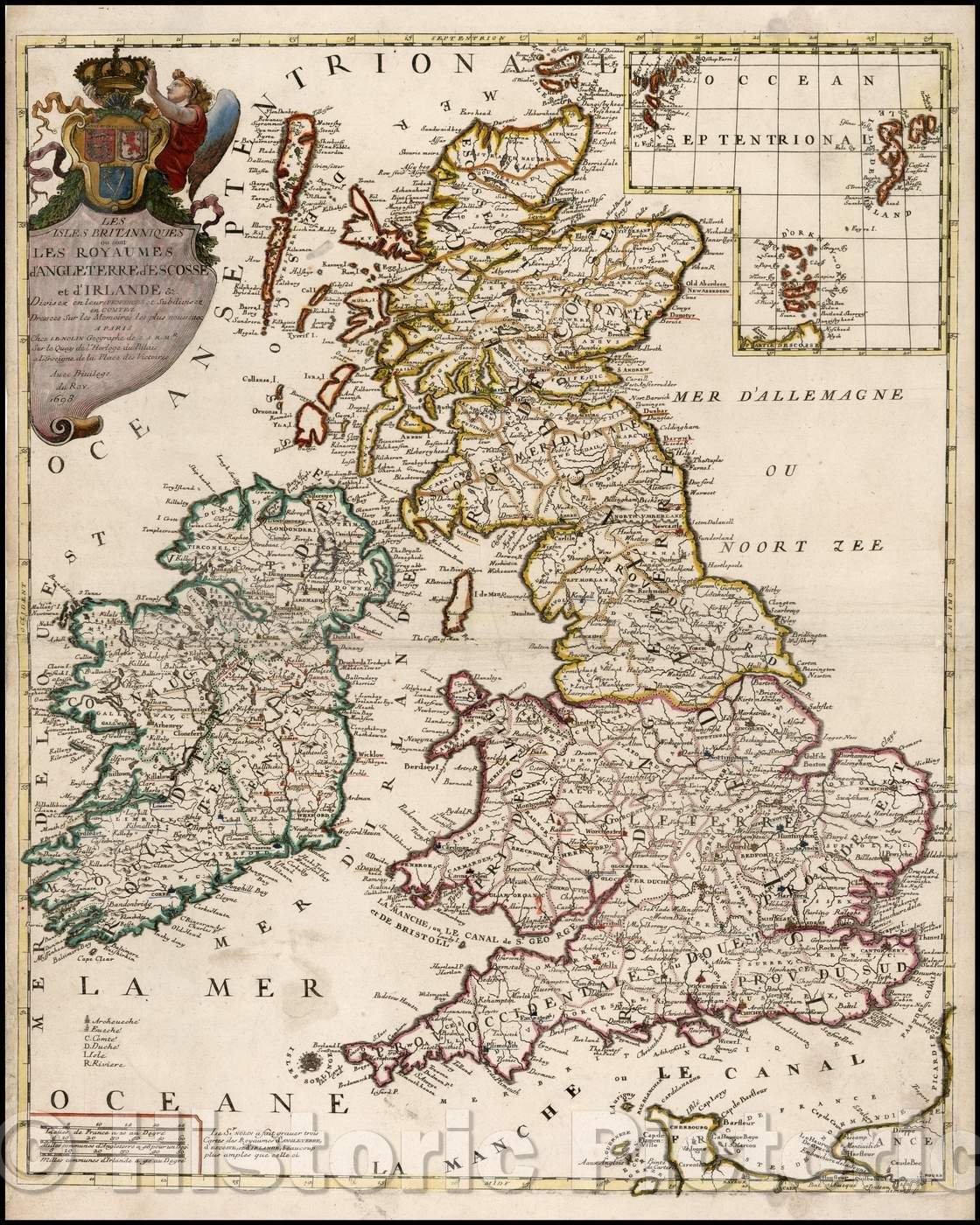 Historic Map - Les Isles Britanniques ou sont les Royaumes d'Angleterre d'Escosse et d'Irlande &c/Nolin's Map of the British Isles, 1698, Jean-Baptiste Nolin - Vintage Wall Art