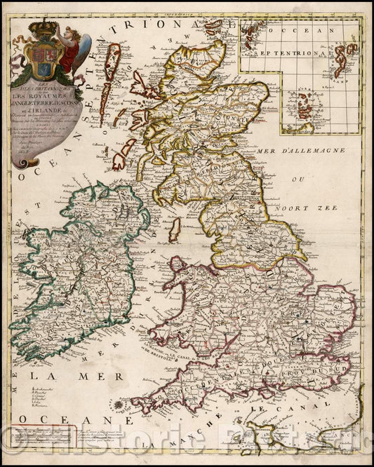 Historic Map - Les Isles Britanniques ou sont les Royaumes d'Angleterre d'Escosse et d'Irlande &c/Nolin's Map of the British Isles, 1698, Jean-Baptiste Nolin - Vintage Wall Art