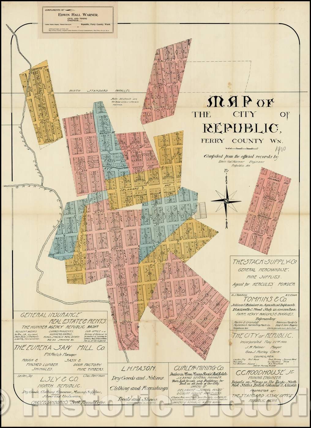 Historic Map - Map of the City of Republic, Ferry County Wn, 1900, Edwin Hall Warner - Vintage Wall Art