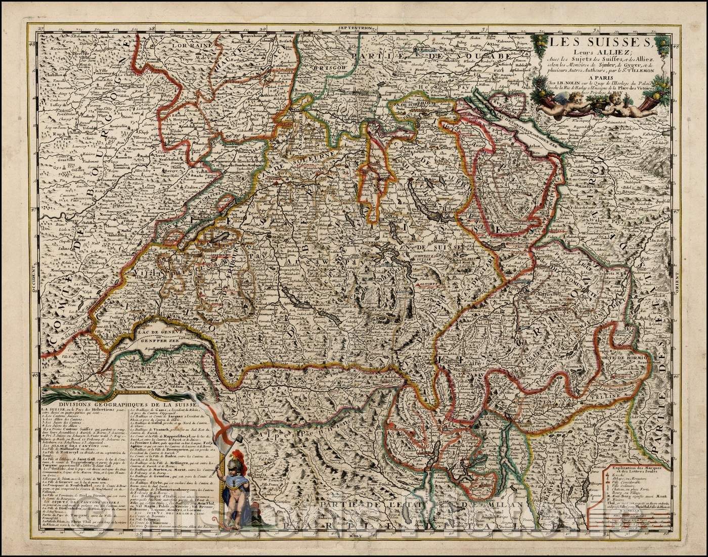 Historic Map - Les Suisses, Leurs Alliez; Avec les Sujets des Suisses, et des Alliez selon/Nolin's Map of Switzerland, 1689, Jean-Baptiste Nolin - Vintage Wall Art