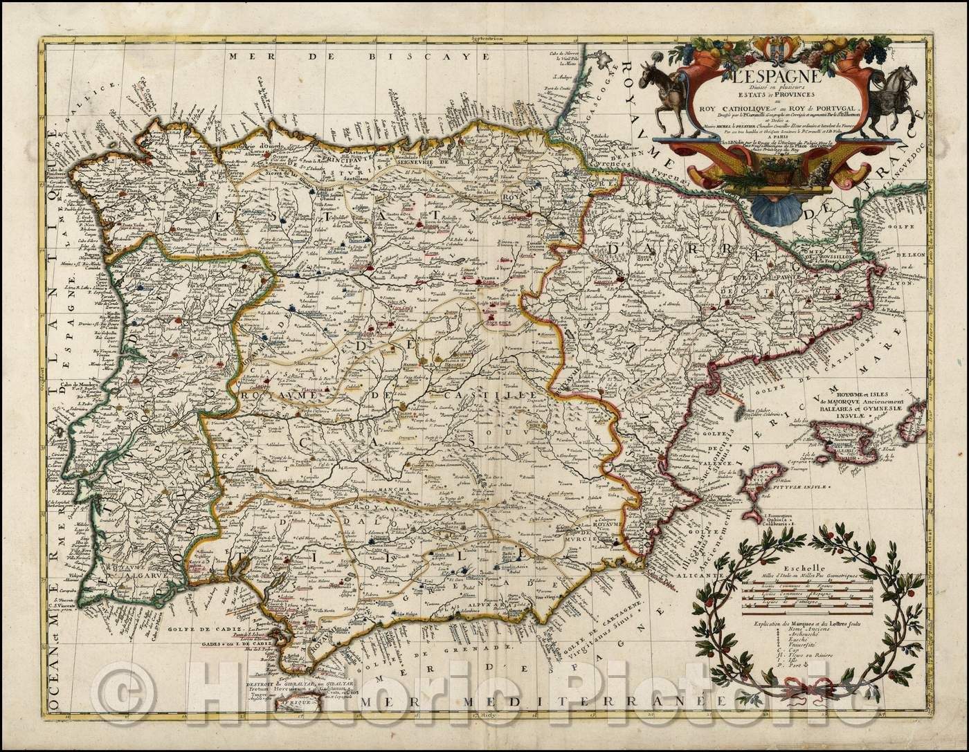 Historic Map - L'Espagne Divisee en plusieurs Estats et Provinces au Roy Catholique au Roy de Portugal/Nolin's Map of Spain and Portugal, 1689 - Vintage Wall Art