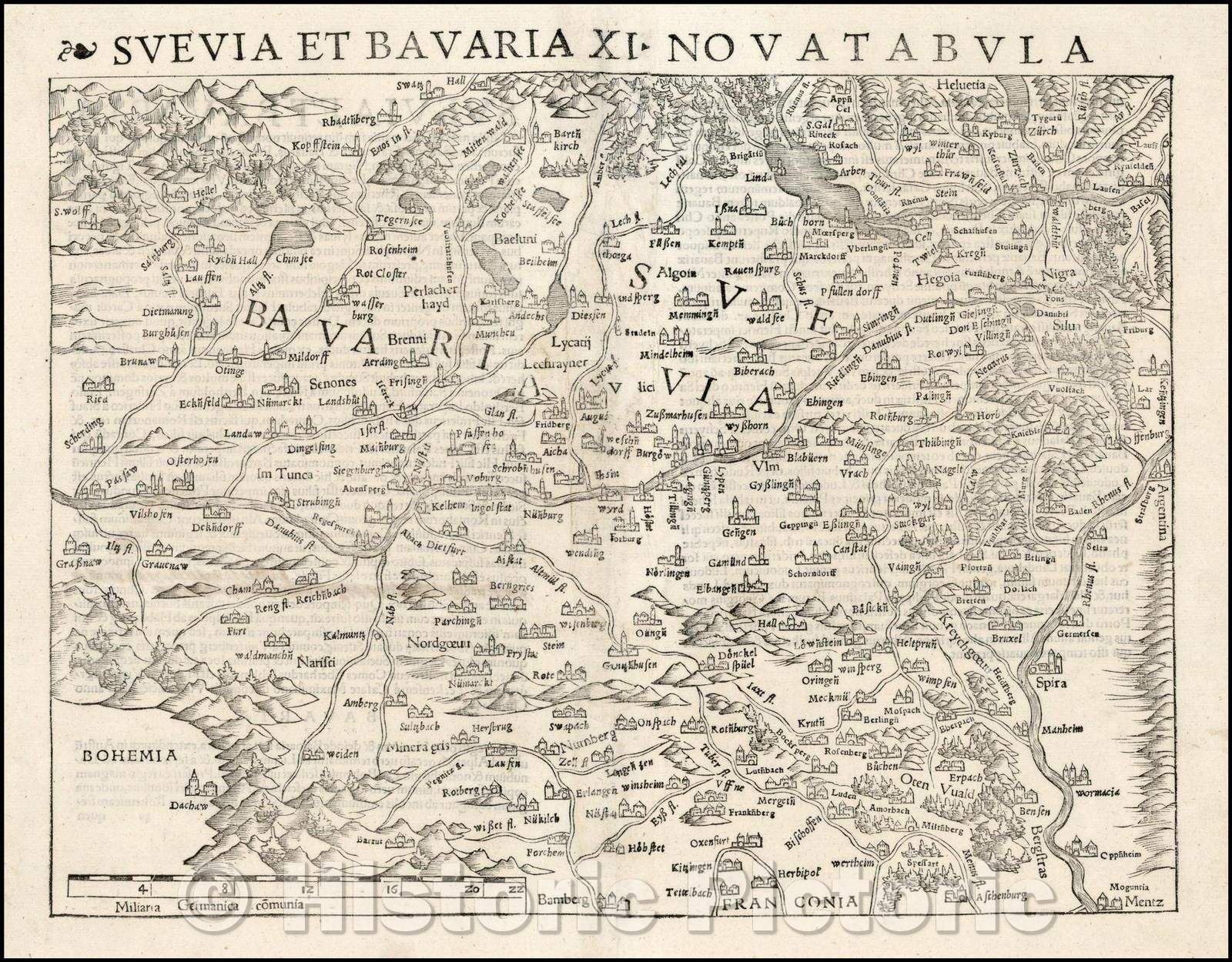 Historic Map - Suevia et Bavaria XI Nova Tabula/Suevia and Bavaria XI Tabula Nova, 1542, Sebastian M?nster - Vintage Wall Art