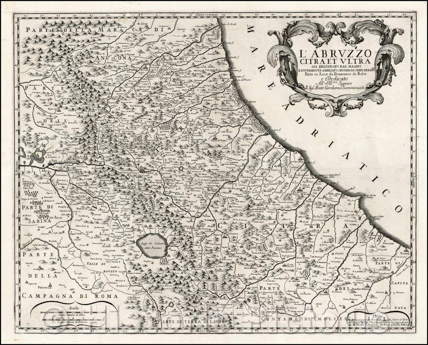 Historic Map - L'Abruzzo Citra Et Ultra Gia Delineato Dal Magini Envovament/Map of Abruzzo, from Rossi's Mercurio Geografico, 1714, Giacomo Giovanni Rossi - Vintage Wall Art