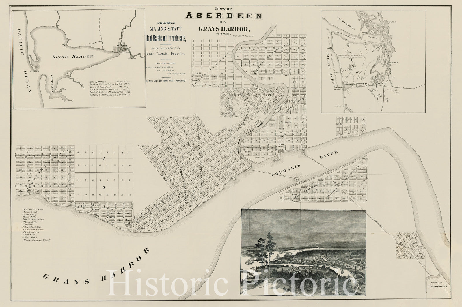 Historic Map - Town of Aberdeen on Gray's Harbor, Wash, 1890, Maling & Taft - Vintage Wall Art