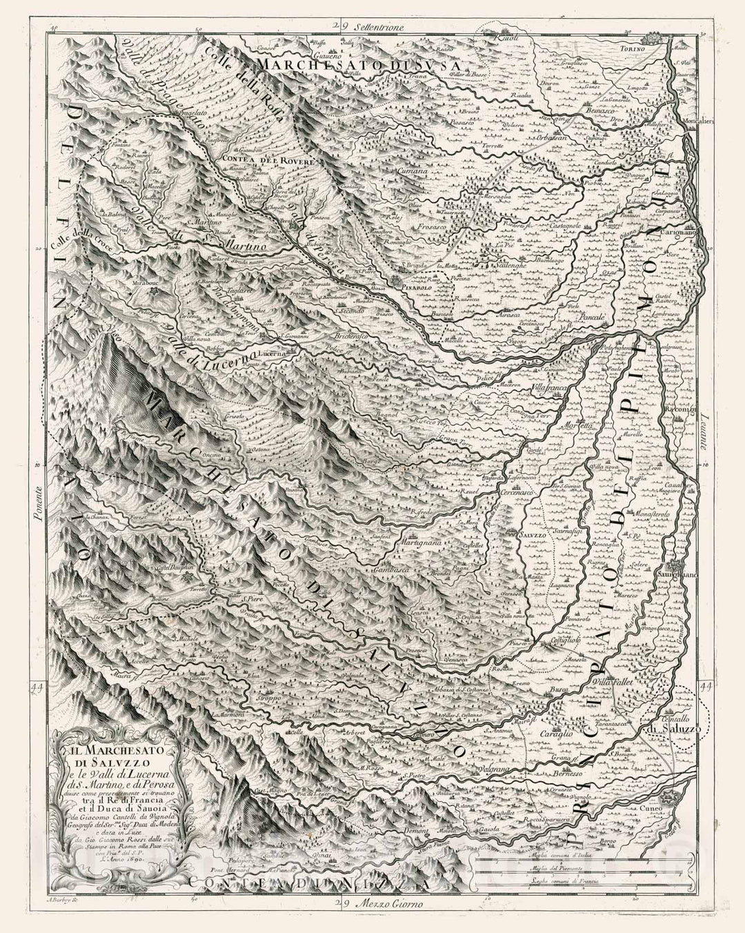 Historic Map - Il Marchesato Di Saluzzo e le Valli di Lucerna di S. Martino, e di Perosa/Map of upper Po River, Marquisat of Saluzzo, Valle di Lucerne, 1690 - Vintage Wall Art