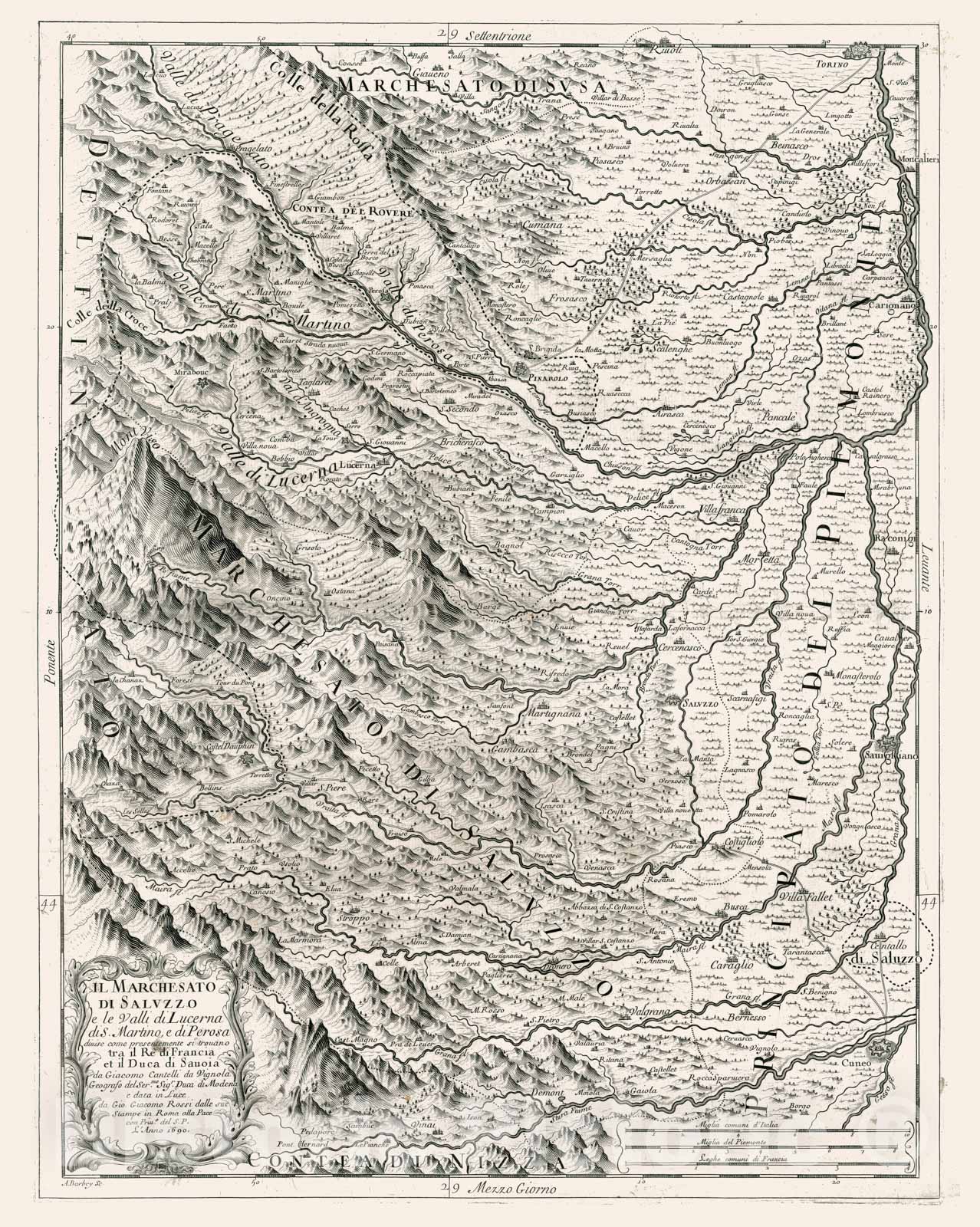 Historic Map - Il Marchesato Di Saluzzo e le Valli di Lucerna di S. Martino, e di Perosa/Map of upper Po River, Marquisat of Saluzzo, Valle di Lucerne, 1690 - Vintage Wall Art
