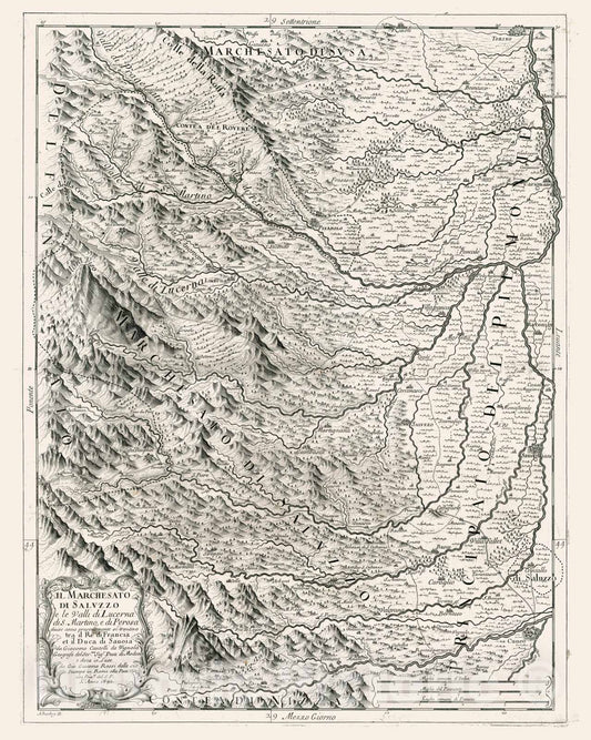 Historic Map - Il Marchesato Di Saluzzo e le Valli di Lucerna di S. Martino, e di Perosa/Map of upper Po River, Marquisat of Saluzzo, Valle di Lucerne, 1690 - Vintage Wall Art