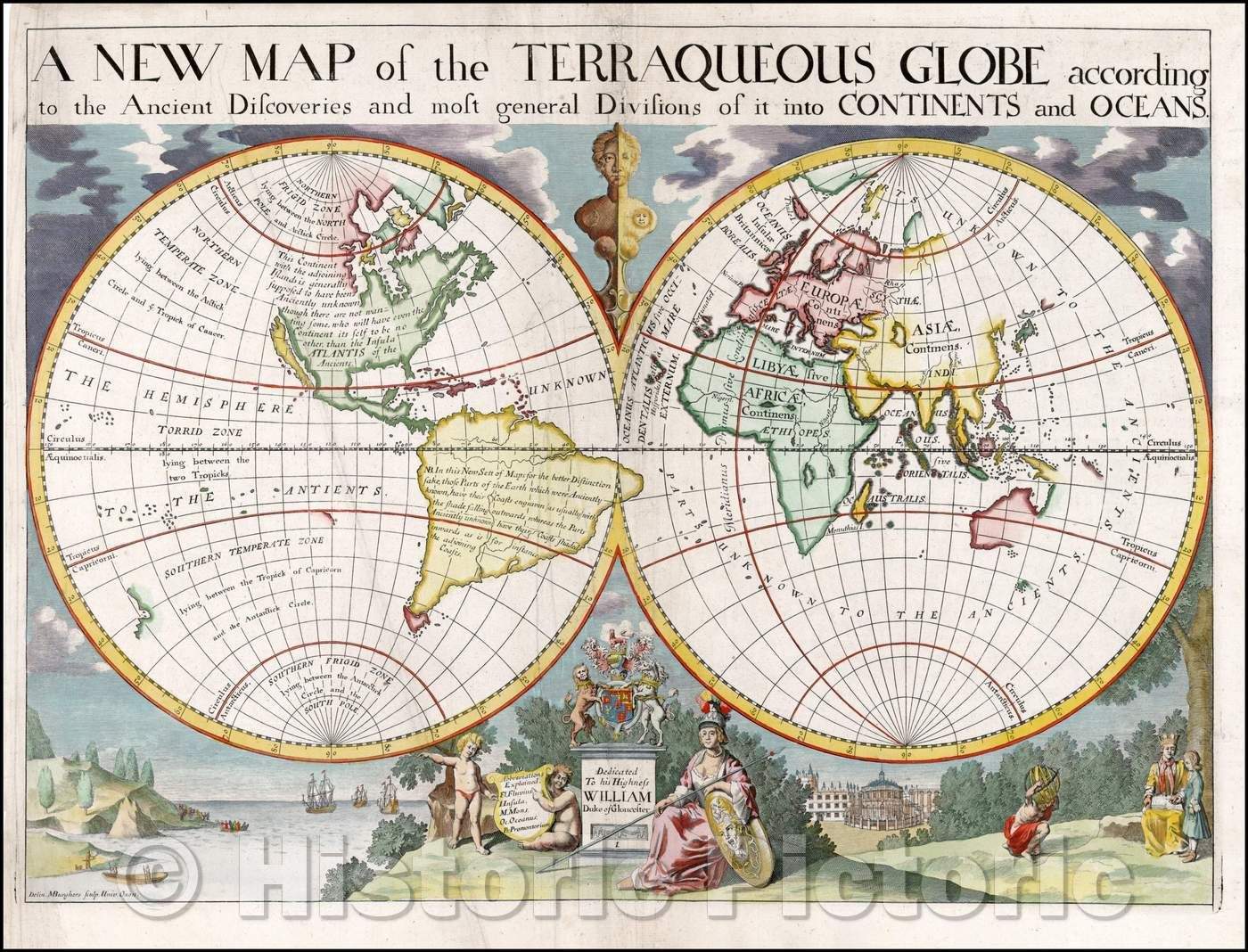 Historic Map - The Terraqueous Globe according to the Ancient Discoveries and most general Divisions of it into Contienents and Oceans, 1700, Edward Wells v1