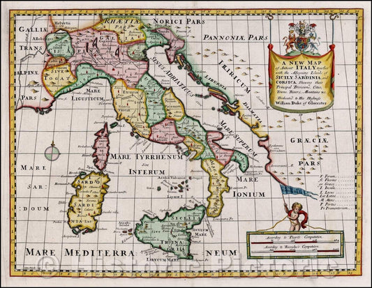 Historic Map - Antient Italy, together with the Adjoying Islands of Sicily, Sardinia, and Corsica, Shewing their Present General Divisions, 1700 - Vintage Wall Art
