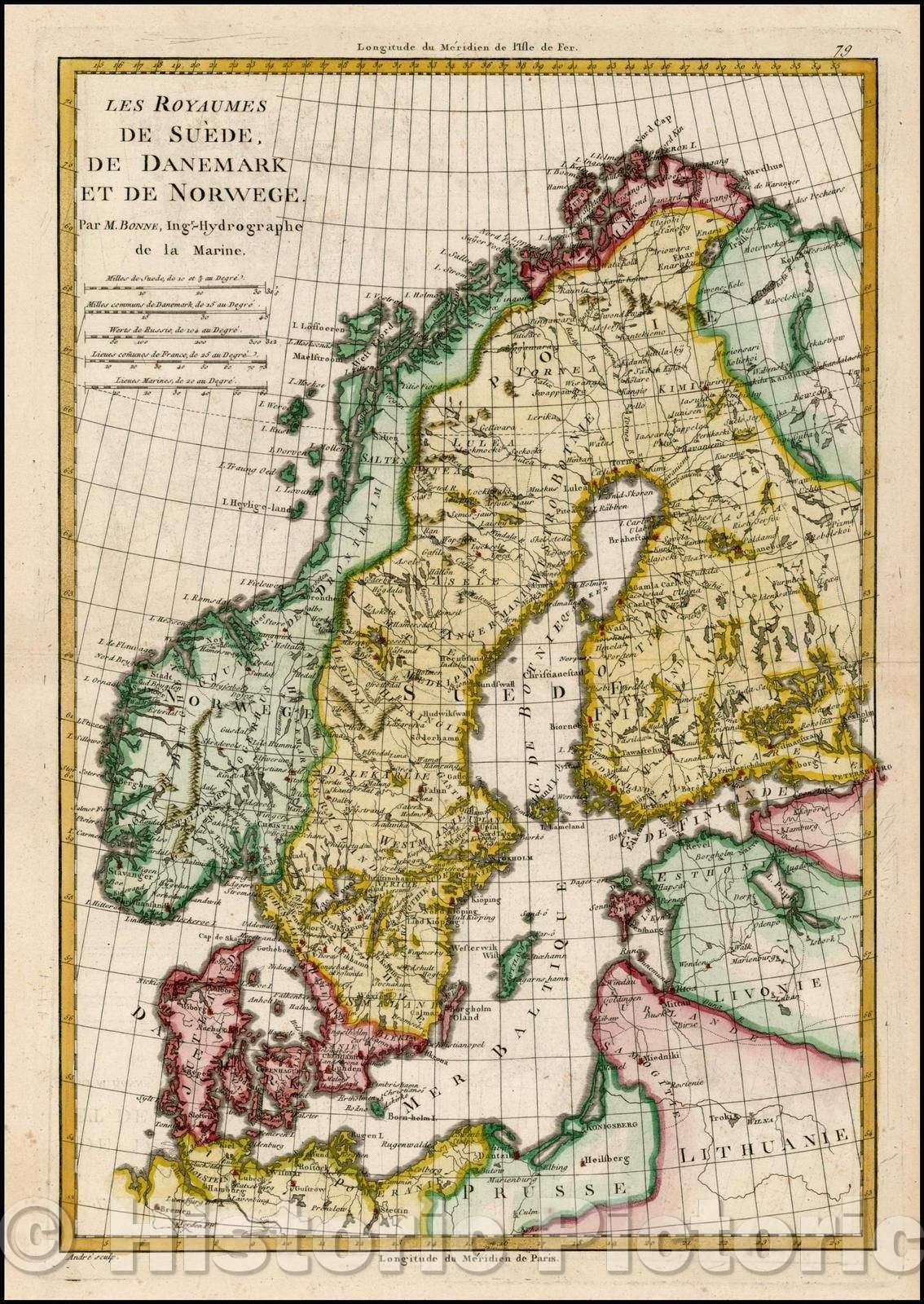 Historic Map - Les Royaumes De Suede De Danemark et de Norwege/Map of the Region from Bonne's famous atlas, 1780, Rigobert Bonne - Vintage Wall Art