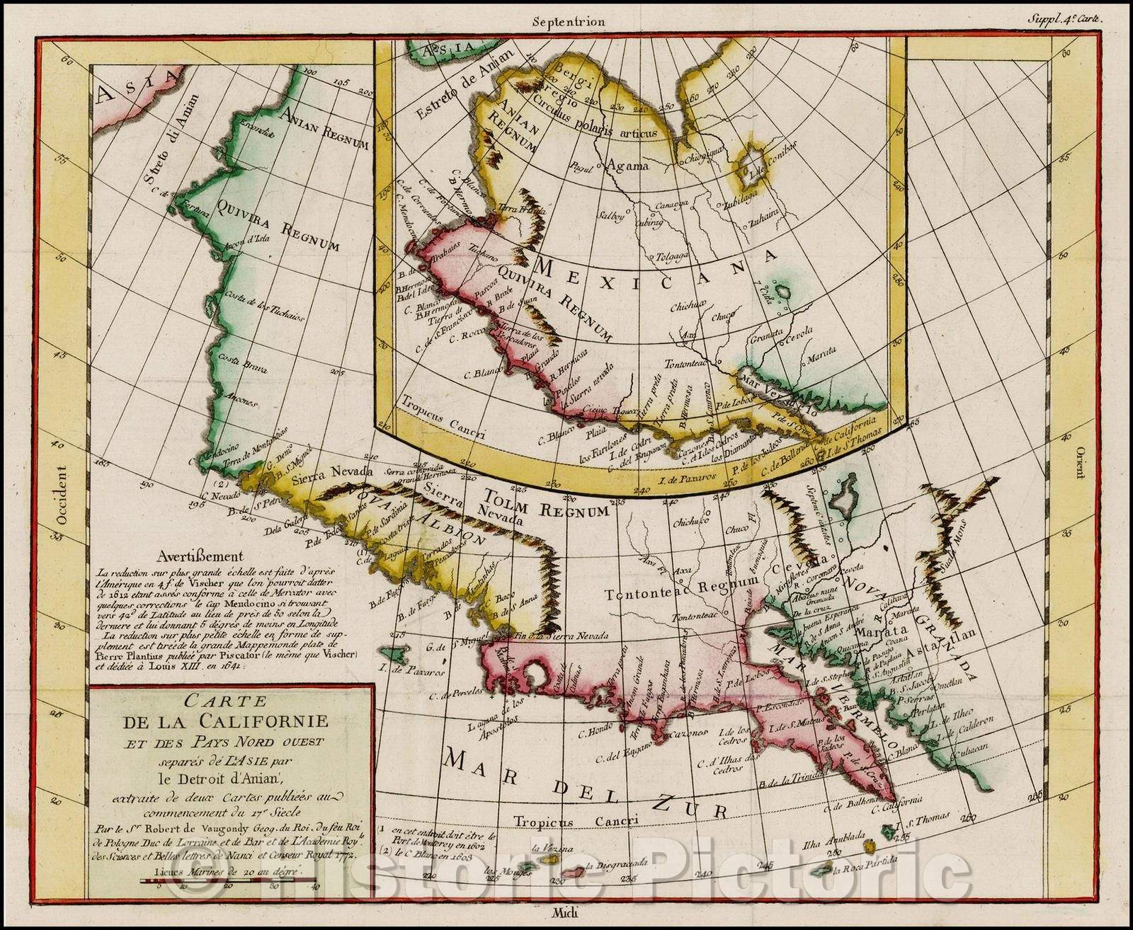 Historic Map - Carte De La Californie Et Des Pays Nord Ouest separes de L'Asie par le Detroit d'Anian, 1772, Denis Diderot v2