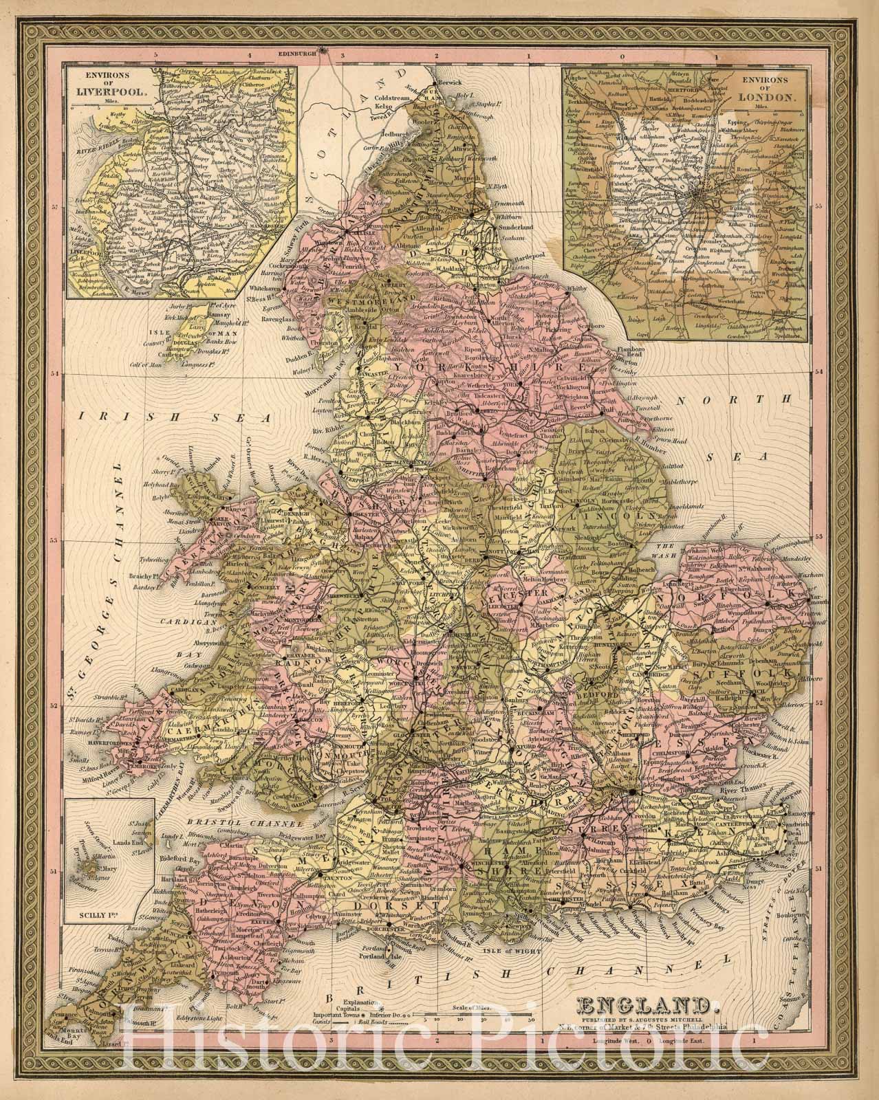 England - Provincial Map with London and Liverpool Insets, 1850 | Historical Map Print