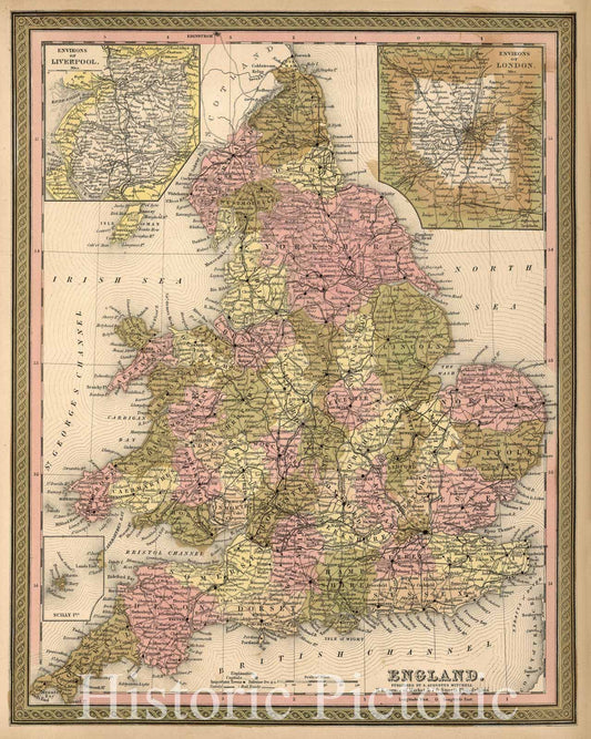 England - Provincial Map with London and Liverpool Insets, 1850 | Historical Map Print