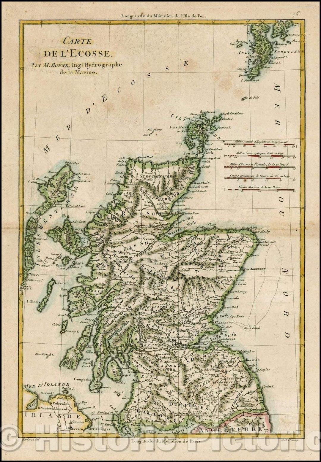Historic Map - Carte De L'Ecosse/Map of the British Isles, prepared during the Napoleonic Wars, 1780, Rigobert Bonne - Vintage Wall Art