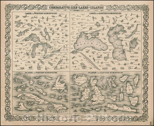 Historic Map - Comparative Size of Lakes and Islands [Great Lakes, Cuba, Formosa, Ireland, Sicily, Cyprus, Vancouver, Sandwich Islands, Puerto Rico, Corsica, 1855 v1