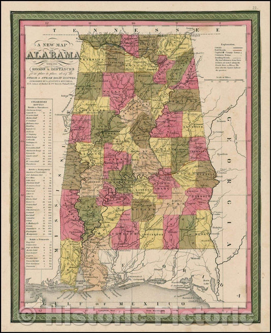 Historic Map - Alabama with its Canals, Roads, Distances from Place to Place, along the Stage & Steam Boat Routes, 1847, Samuel Augustus Mitchell - Vintage Wall Art